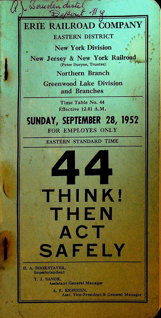 Erie Railroad Company Eastern District New York Employees Time Table 19520
