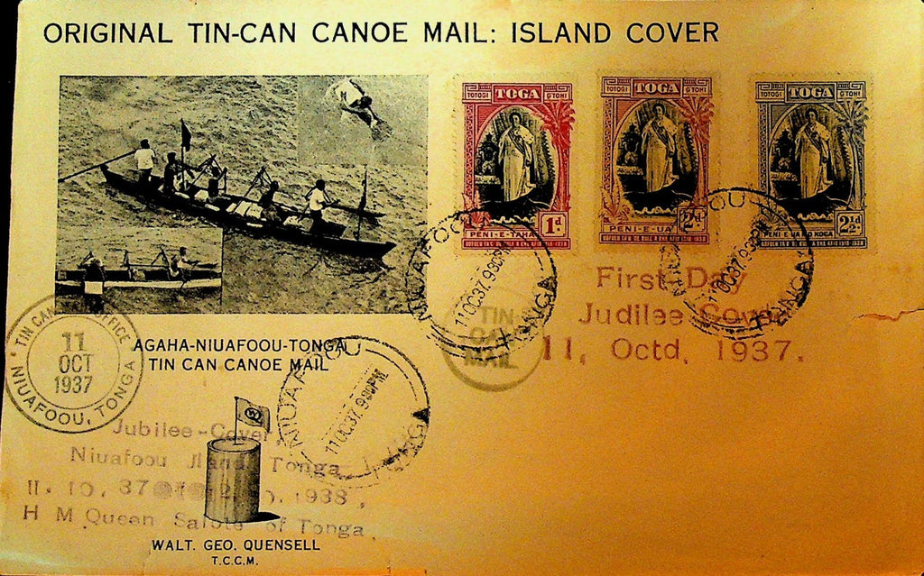 Original Tin-Can Canoe Mail Island Cover 1937 First Day Jubilee Tonga0