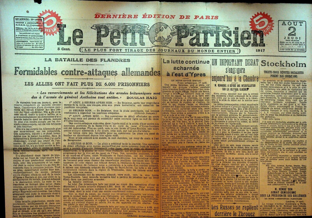 Le Petit Parisien WWI Newspaper France August 2 1917 Battle of Passchendaele