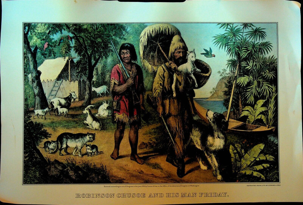 Currier & Ives Calendar Topper 1968 Robinson Crusoe & His Man Friday