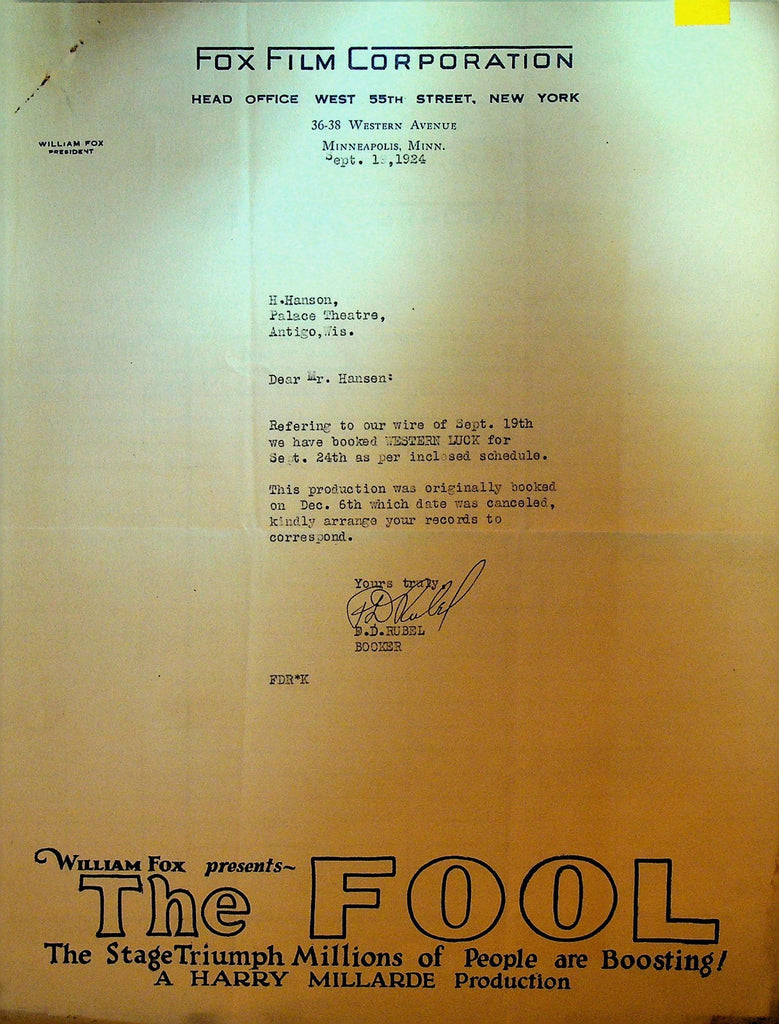 Fox Film Letterhead September 1 1924 Western Luck Silent Film The Fool0