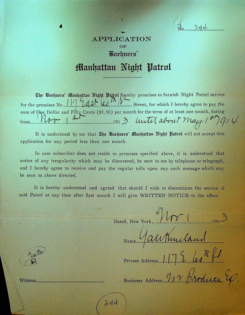Boehners Manhattan Night Patrol Signed Contract 1913 Kirkland 117 E 60th St