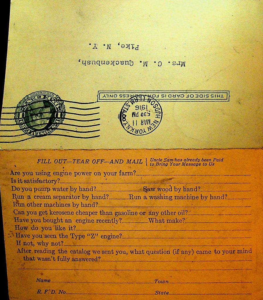 Fairbanks Morse & Co Postal Card 1916 New York City Farm Engines0