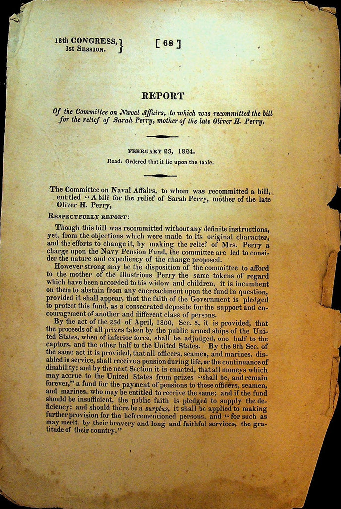 Congressional Report Oliver Hazard Perry Wife Sarah Relief February 23 18240
