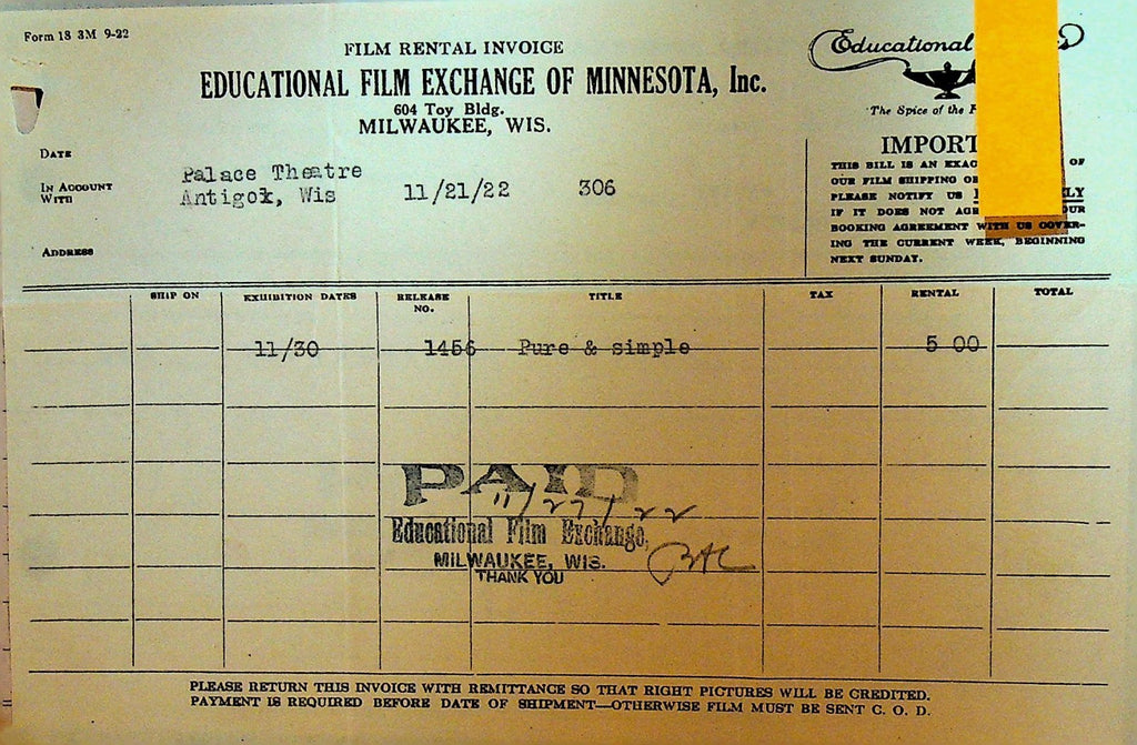 Educational Film Exchange Invoice November 21 1922 Pure & Simple0