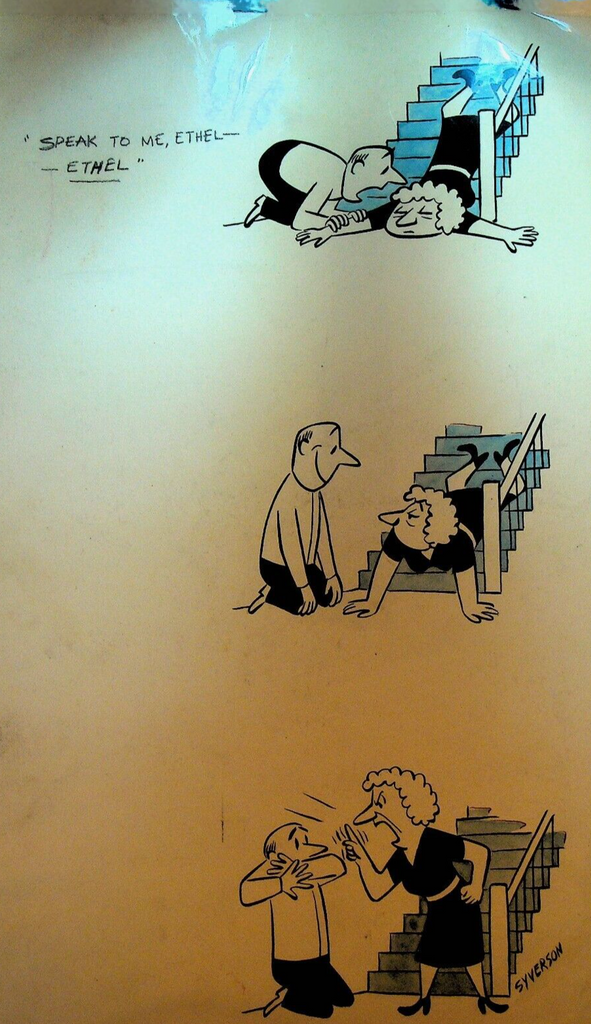 Henry S Syverson Original Art Woman Falls Down Stairs Yells at Husband