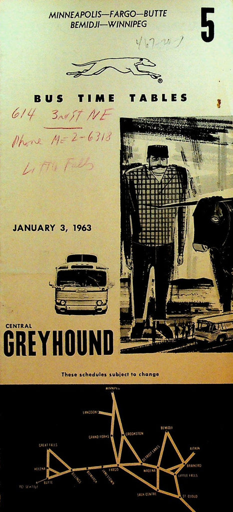Central Greyhound Bus Time Table January 3 1963 Minneapolis to WInnipeg0
