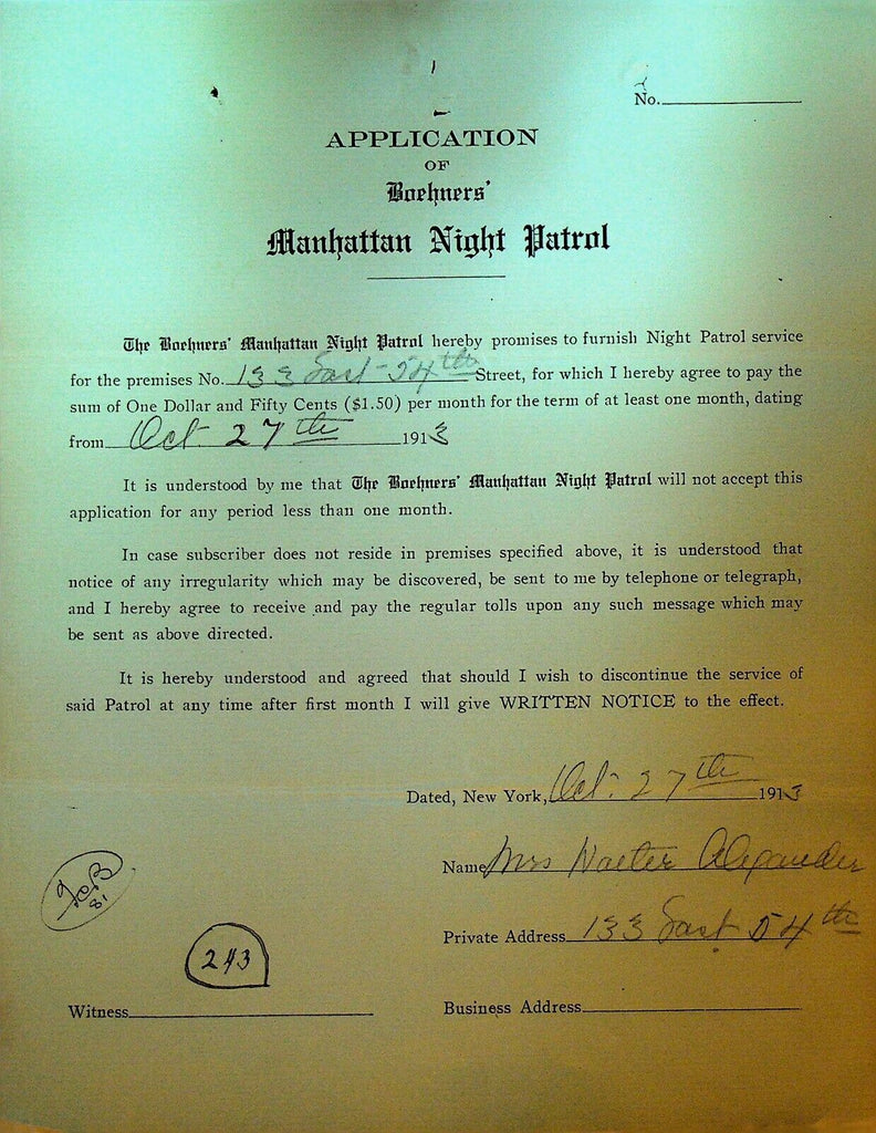 Boehners Manhattan Night Patrol Signed Contract 1913 Mrs Walter Alexander E 54th
