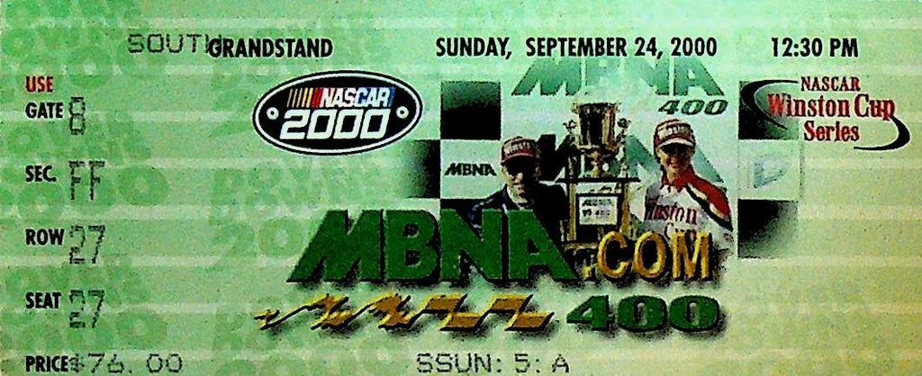 MBNA 400 NASCAR Auto Racing Ticket September 24 20000