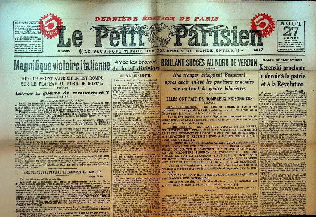 Le Petit Parisien WWI Newspaper France August 27 1917 Russian Revolution Verdun