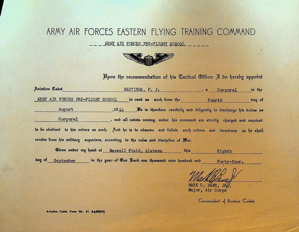 Army Air Forces Eastern Flying Training Command 1944 Corporal Certificate