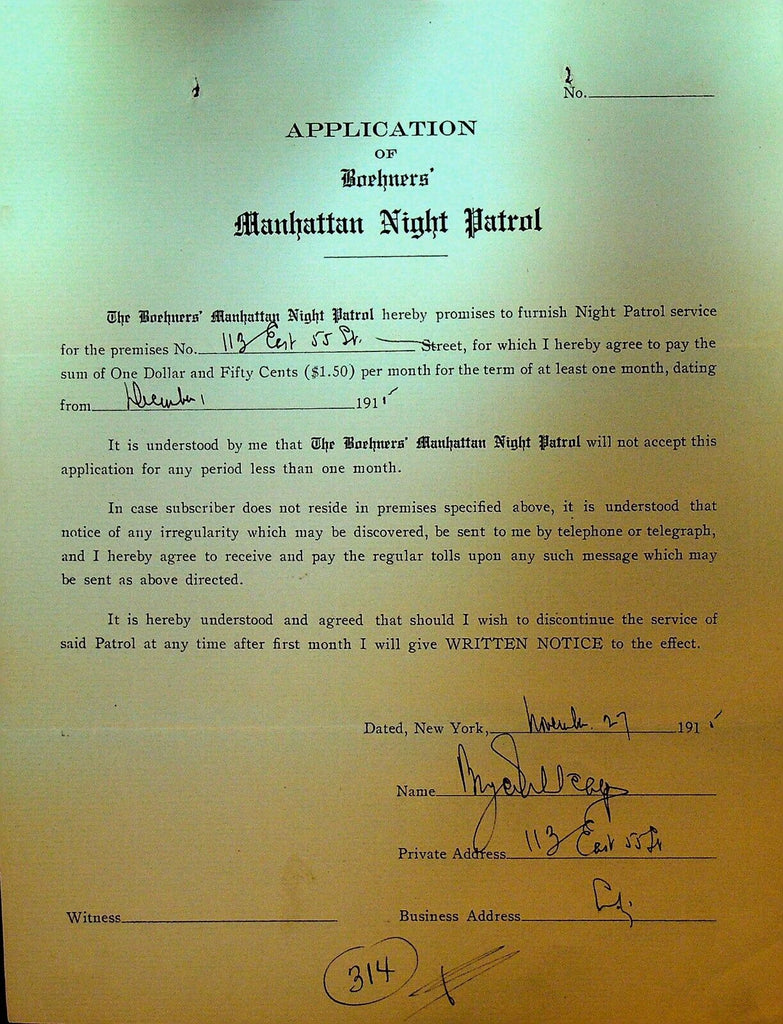 Boehners Manhattan Night Patrol Signed Contract 1915 113 East 55th St