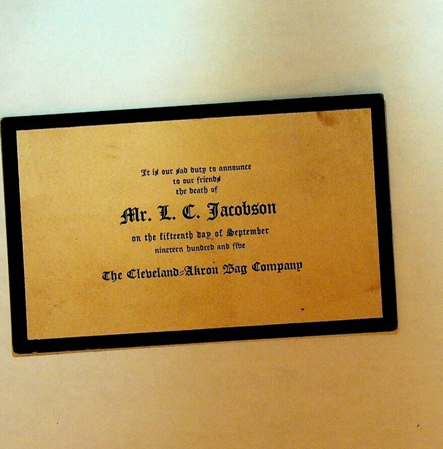 LC Jacobseon Death Memorial Card 1905 Cleveland Akron Bag Company