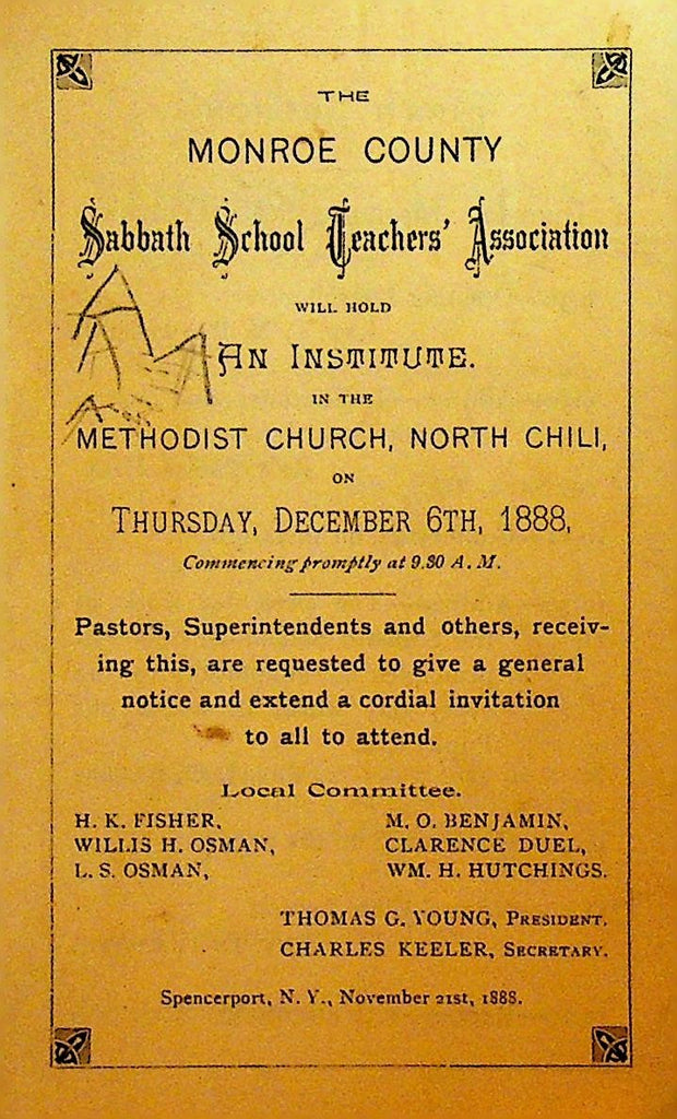 Monroe County Sabbath School Teachers Association 1888 Program NY0
