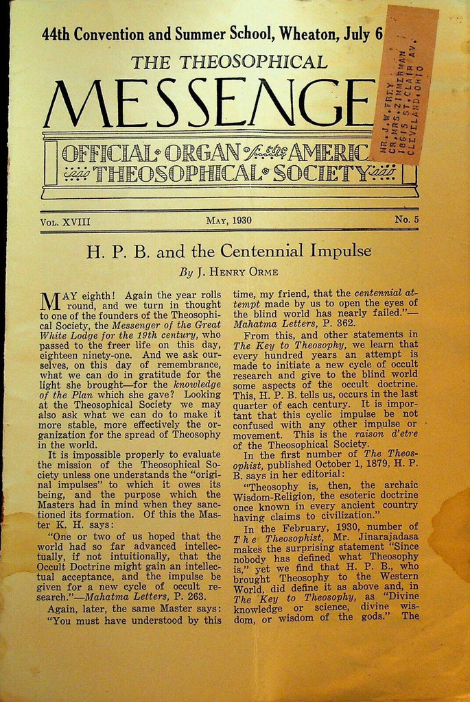 American Theosophical Messenger May 1930 Helena Blavatsky J Henry Orme