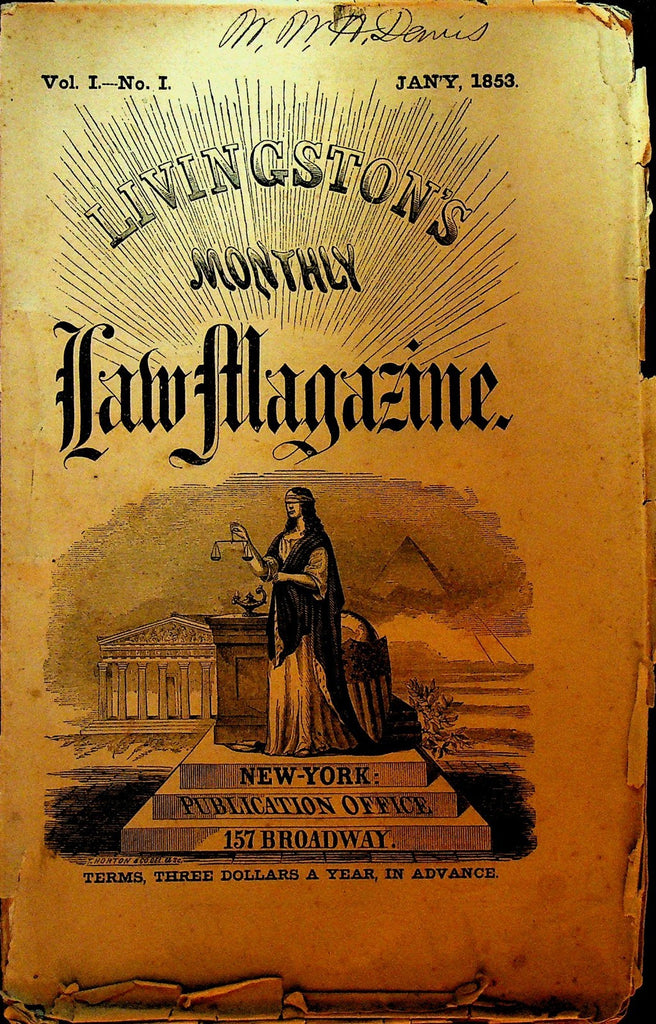 Livingston's Monthly Law Magazine FIRST ISSUE January 1853 Daniel Barringer0