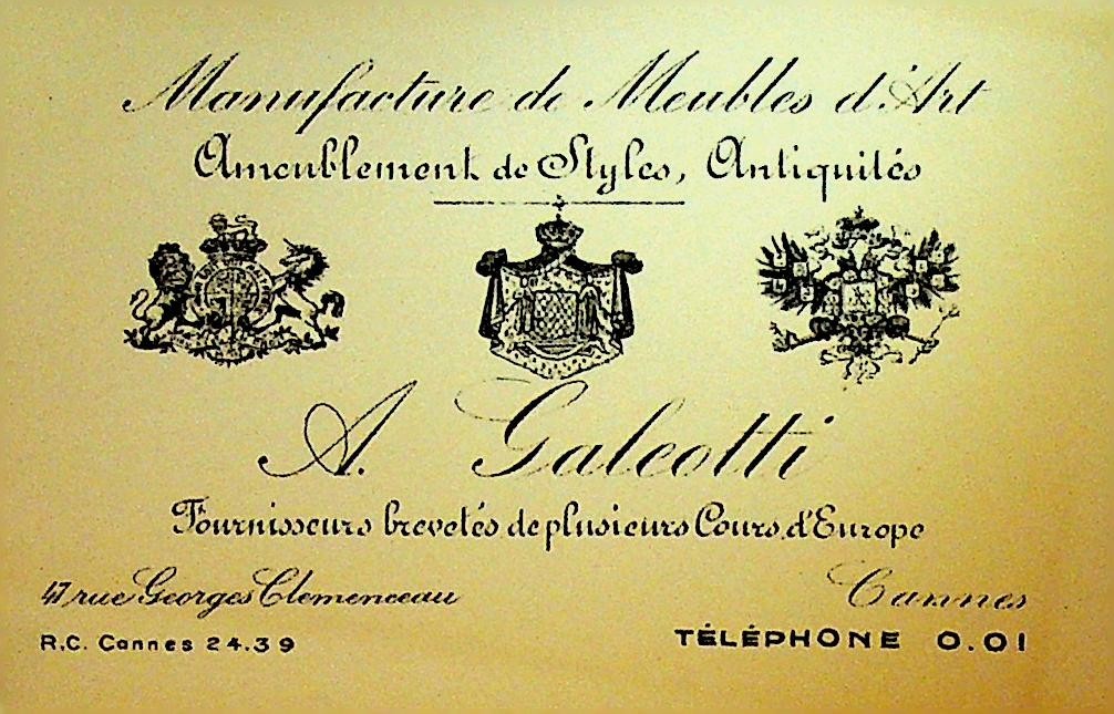 A Galeotti Business Card 1930s Cannes France Antiques Furnishings0