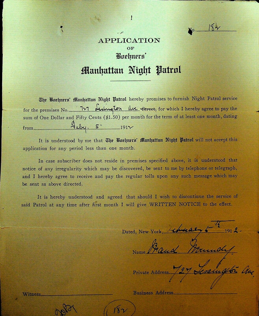 Boehners Manhattan Night Patrol Signed Contract 1910 J Munsey 727 Lexington Ave