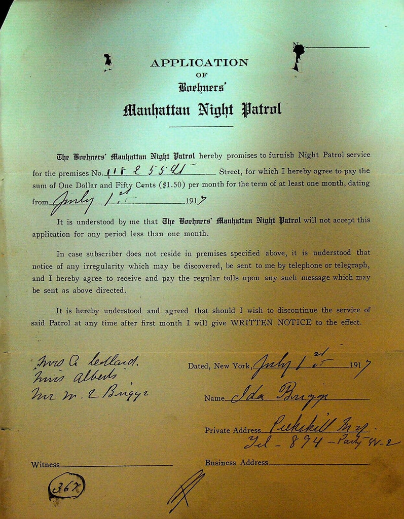 Boehners Manhattan Night Patrol Signed Contract 1917 Ida Briggs 118 East 55th St