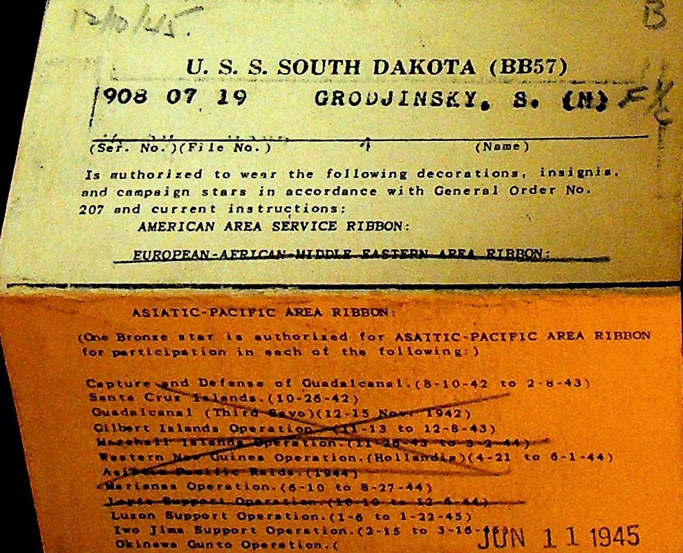 US Navy WWII Ribbon & Campaign Star Authorization Slip USS South Dakota0
