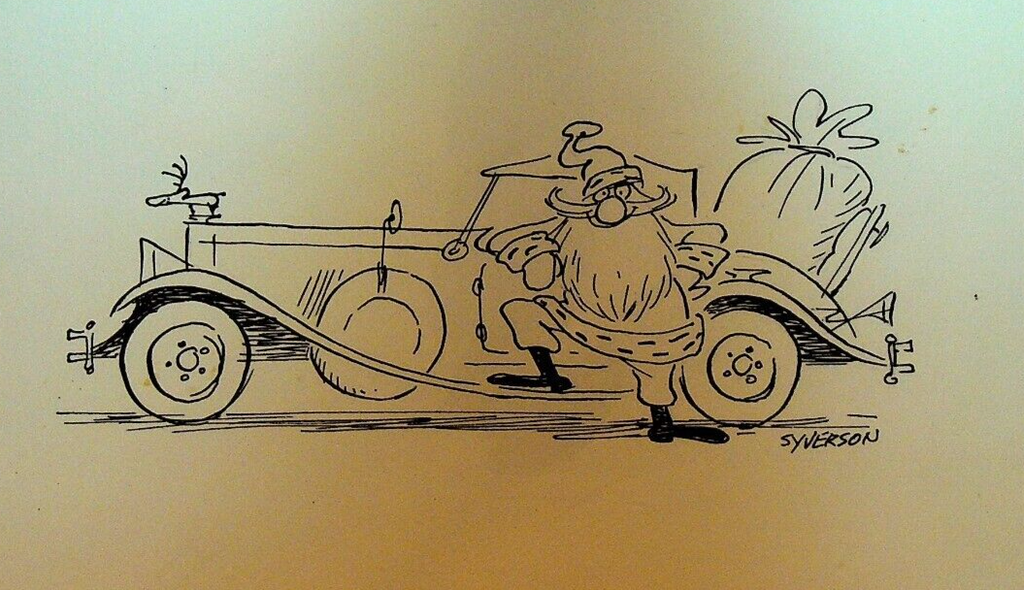 Henry S Syverson Original Art Santa Claus With 1930s Car Automobile