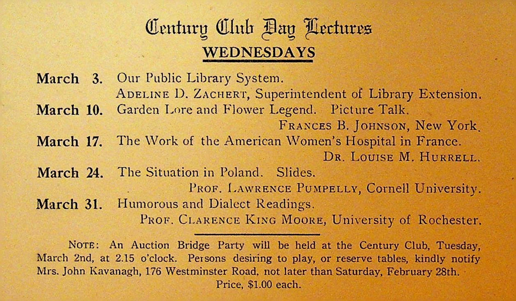 Century Club Day Lectures Postal Card 1920 Professor Pumpelly Clarence Moore0