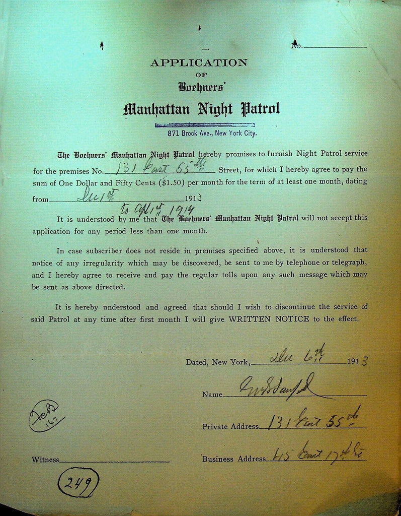 Boehners Manhattan Night Patrol Signed Contract 1913 131 East 55th St