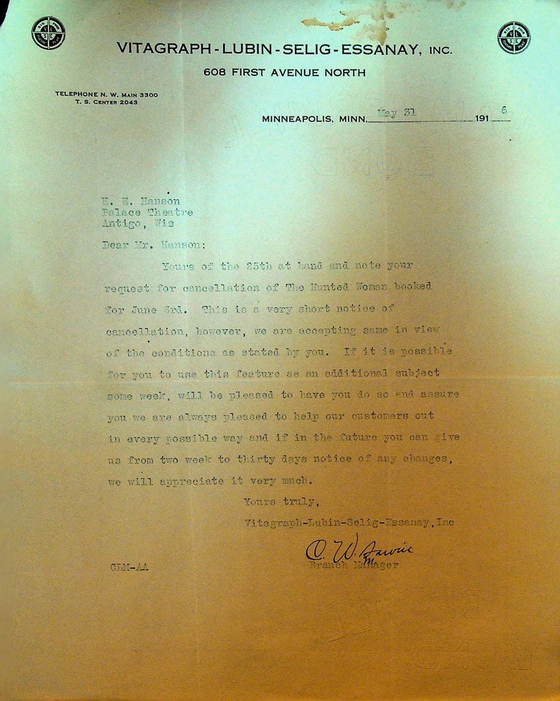 Vitagraph Lubin Selig Essanay Letterhead May 31 1916 The Hunted Woman0