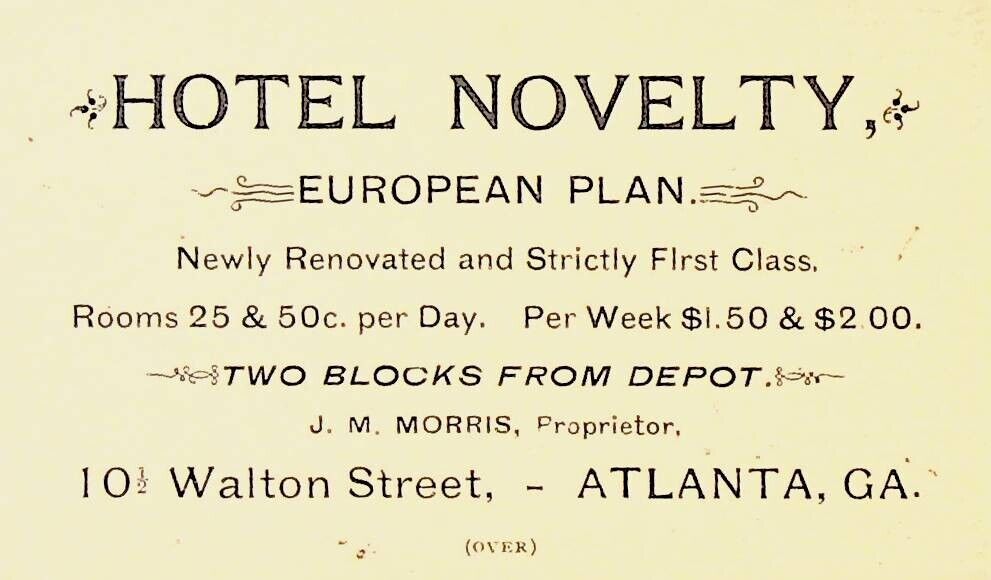 Hotel Novelty & Kennesaw Restaurant Business Card Atlanta Ga 1890s