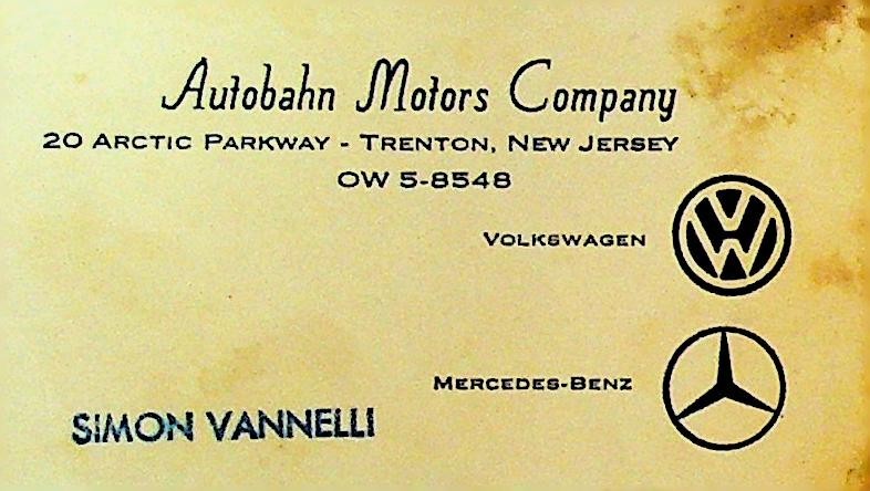 Autobahn Motors Co Business Card 1965 VW Mercedes Trenton NJ Simon Vannelli0