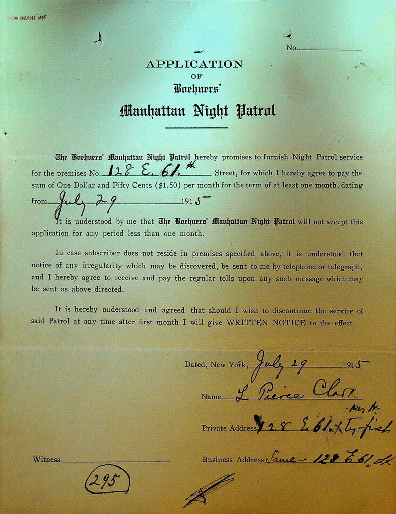 Boehners Manhattan Night Patrol Signed Contract 1915 L Pierce Clark 128 E 61st