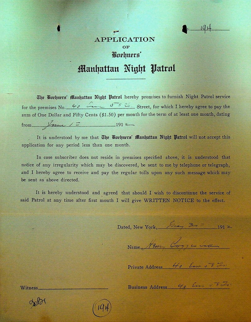 Boehners Manhattan Night Patrol Signed Contract 1912 Henry Coggsworth E 58th St