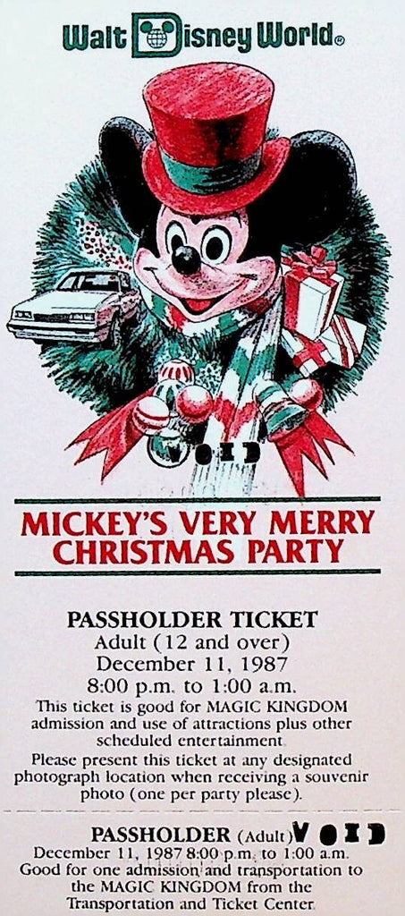 Mickey Mouse's Very Merry Christmas Party Passholder Ticket 1987 WDW0
