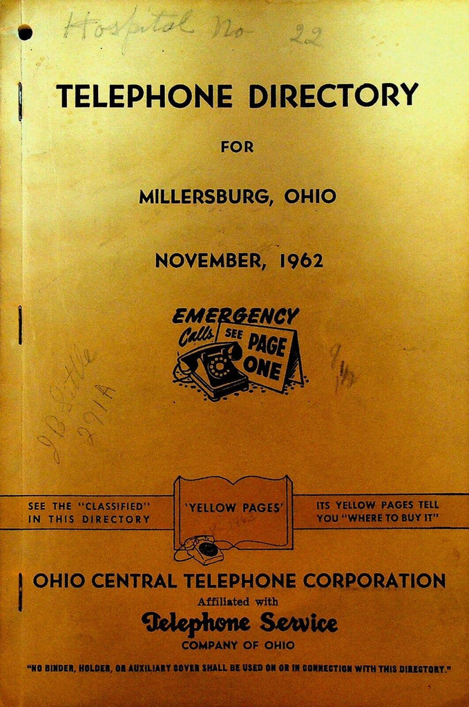 Telephone Directory 1962 Millersburg Ohio Killbuck Nashville Glenmont