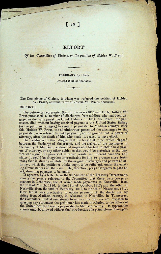 Congressional Report Holden W Prout Creek Indians War February 3 18230