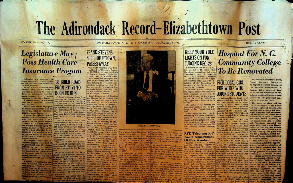 Adirondack Record Elizabethtown Post December 28 1967 Frank A Stevens RFK0