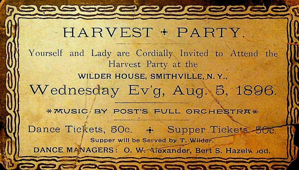 Smithville NY Harvest Party Invite August 5 1896 Wilder House
