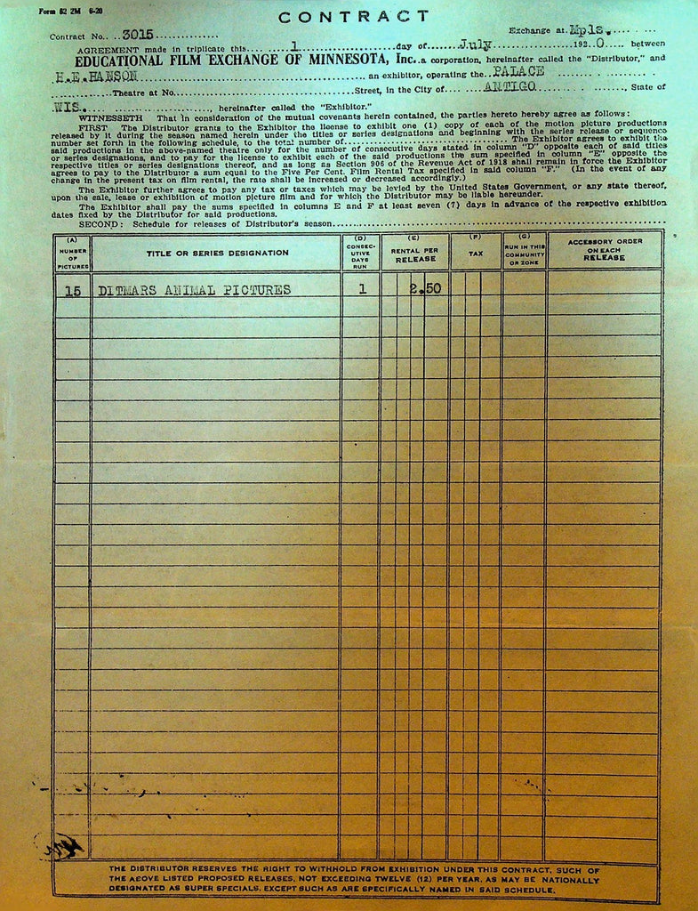 Educational Film Exchange Contract July 1 1920 Ditmar's Animal Pictures0