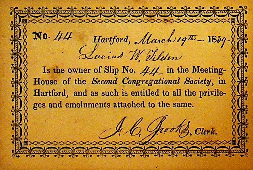 Second Congregational Society Meeting House Slip Card Hartford  1834 Tilden0