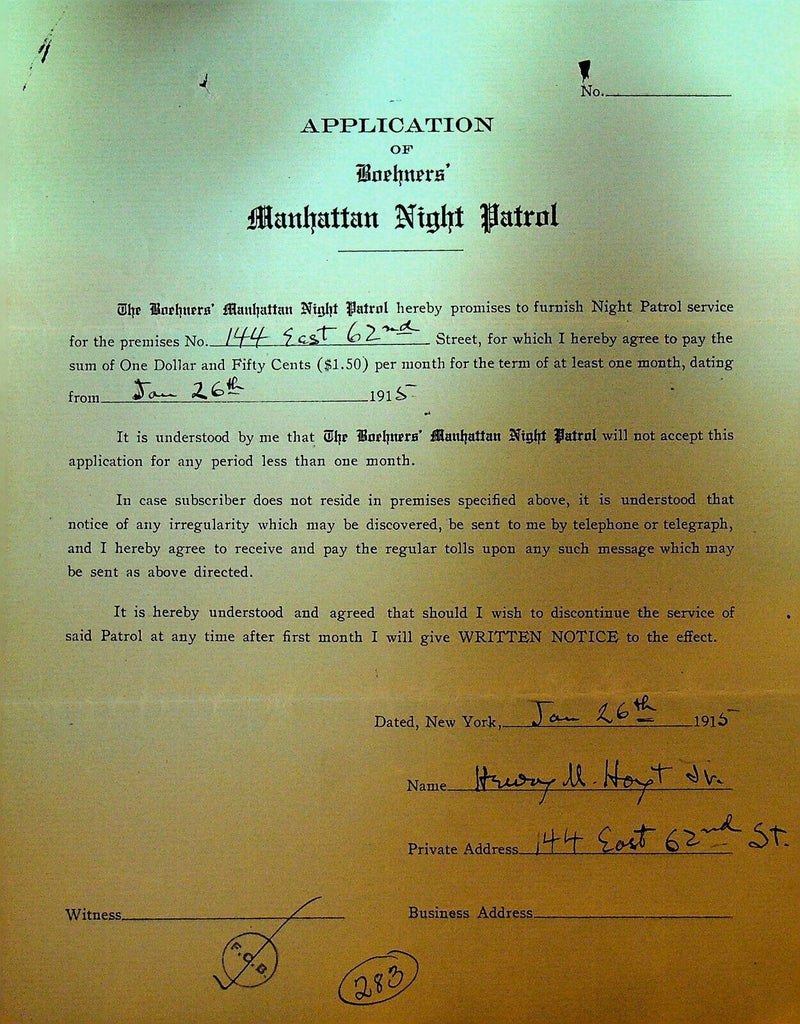 Boehners Manhattan Night Patrol Signed Contract 1915 Henry Hoyt Jr 144 E 62nd St