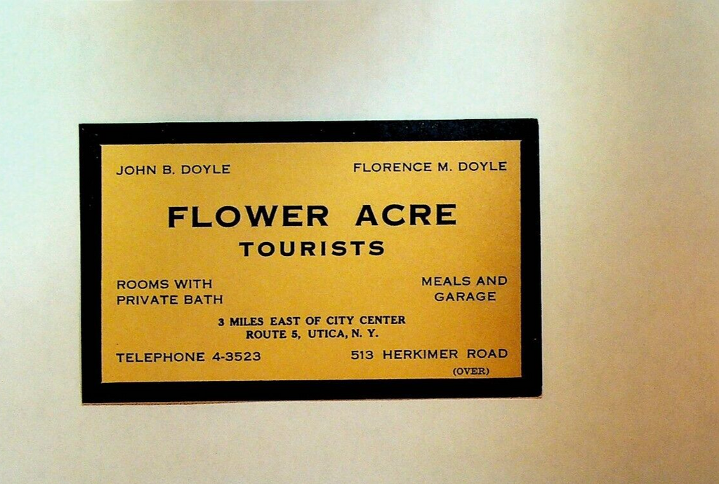Flower Acres Tourists Room Business Card Utica NY John Florence Doyle
