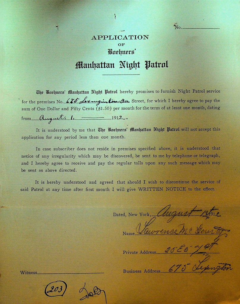 Boehners Manhattan Night Patrol Signed Contract 1912 Lawrence McGourty