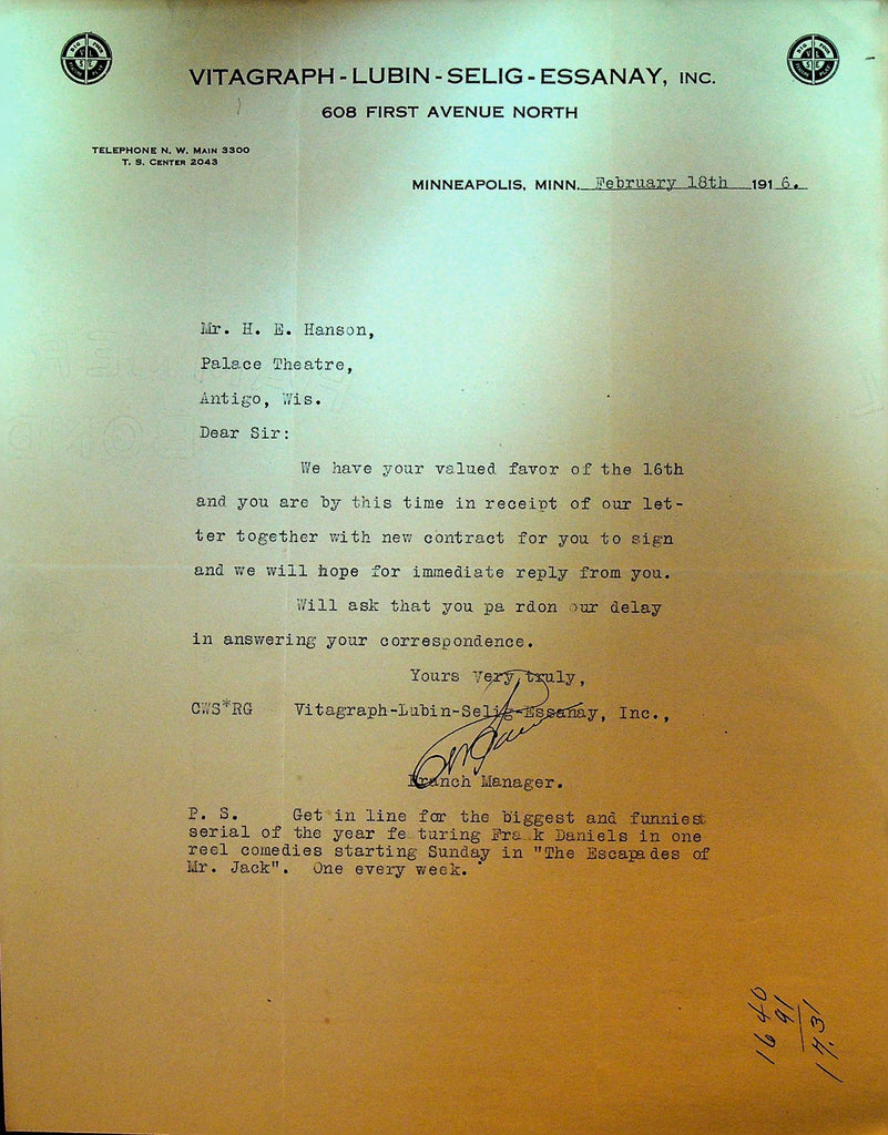 Vitagraph Lubin Selig Essanay Letterhead February 18 1916 Frank Daniels0
