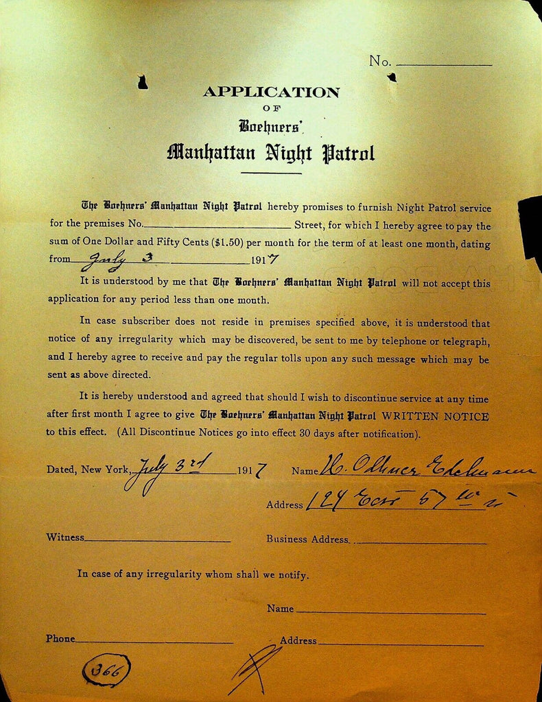 Boehners Manhattan Night Patrol Signed Contract 1917 124 East 57th St