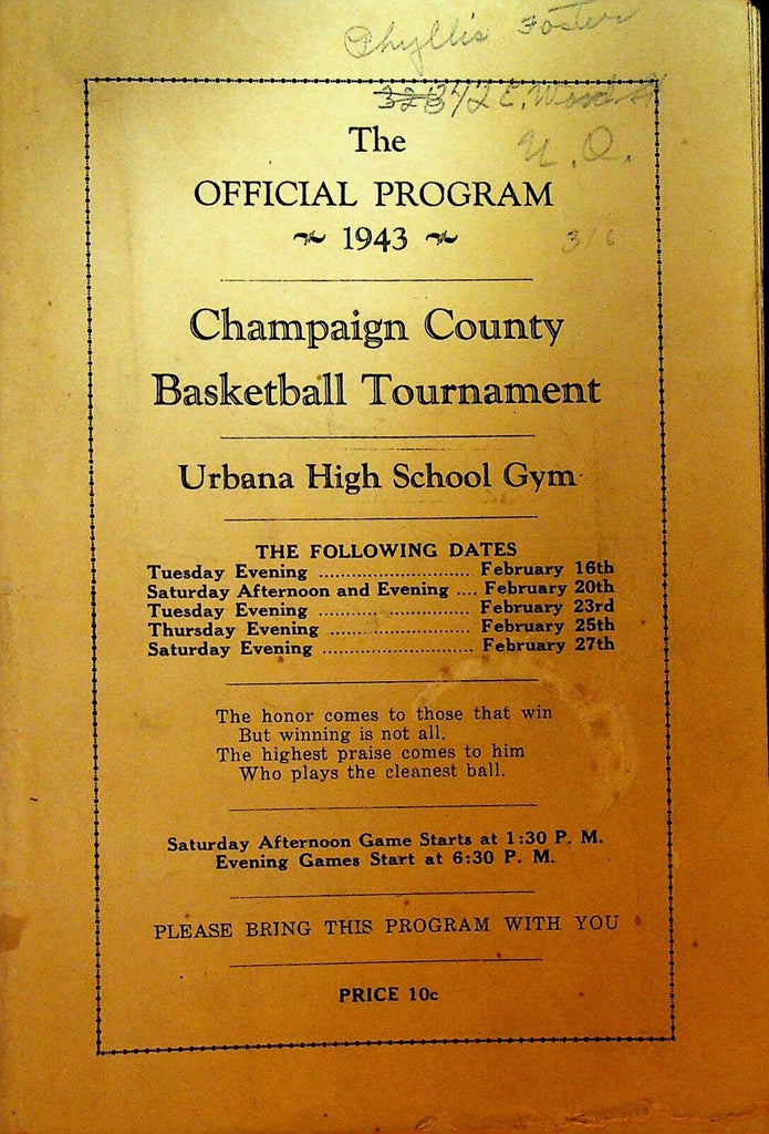 Champaign County Ohio 1943 Official Program Basketball Tournament High School