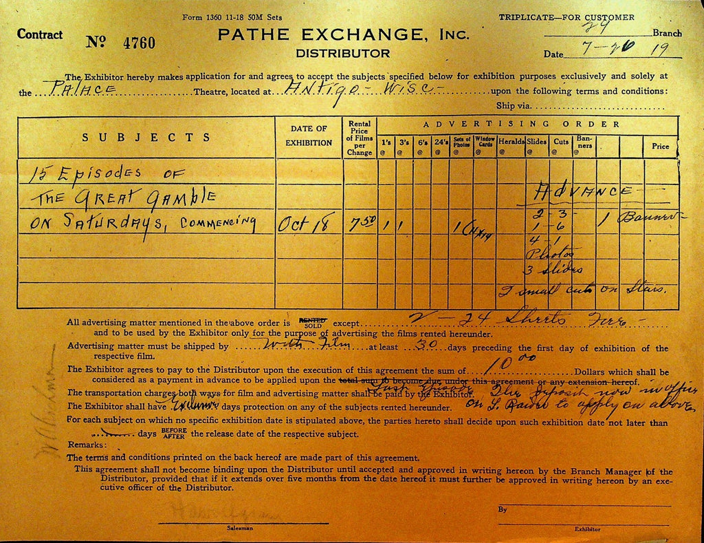 Pathe Exchange Contract July 26 1919 The Great Gamble Serial0