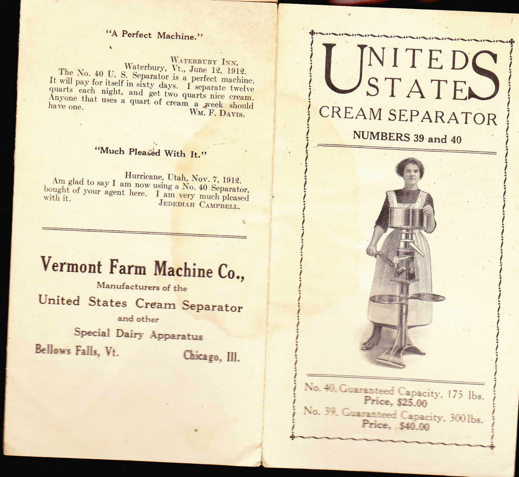 United States Cream Separator #s 39 40 1912 Vermont Farm Machine Co brochure0