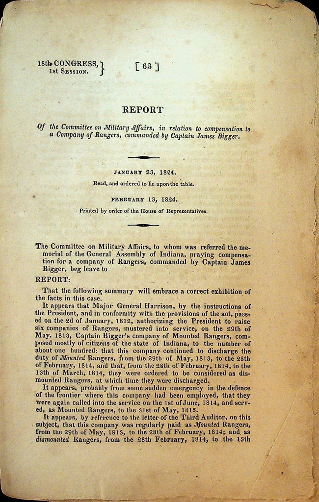Congressional Report Rangers Company Captain James Bigger January 23 18240