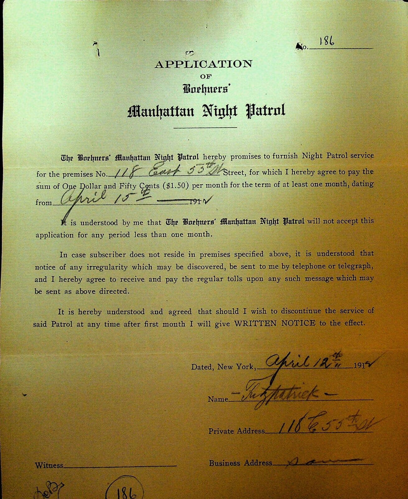 Boehners Manhattan Night Patrol Signed Contract 1910 Fitzpatrick 118 E 55th St