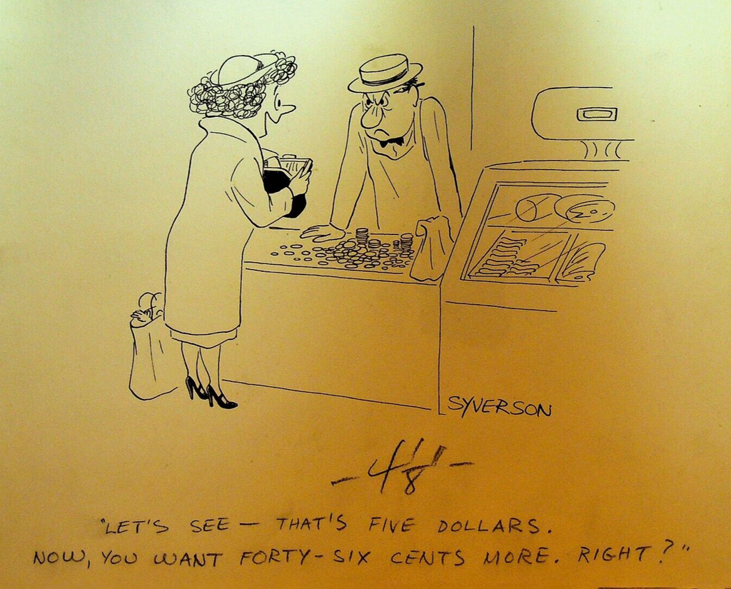 Henry S Syverson Original Art Woman Paying With Change at Butcher Shop